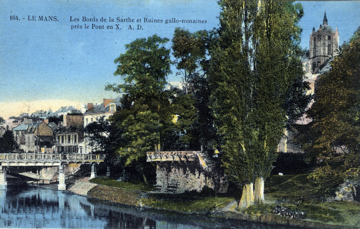 Pays de la Loire, Sarthe (72), Le Mans: bredden av Sarthe og de romerske gallo-ruinene nær "X-broen"" - Postkort sent på 1800- og 1900-tallet av Unbekannt
