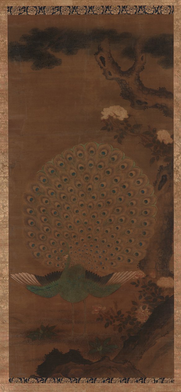Påfugl, peoner og furu, Edo-perioden, 1615-1868. av Unbekannt