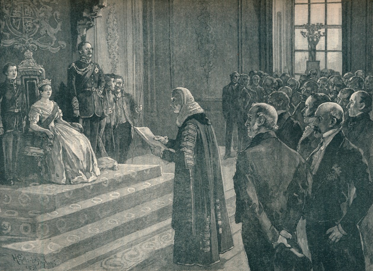 Presenterer den patriotiske talen til dronningen på tampen av Krim-krigen, 1854 1906 av Unbekannt