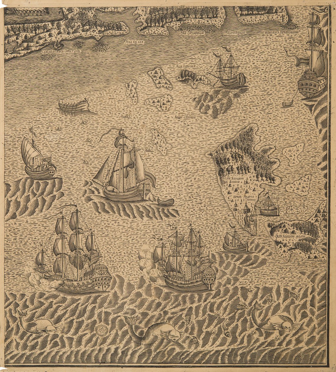 Peter den stores flåte ved Omega-bukten, ca 1707 av Unbekannt