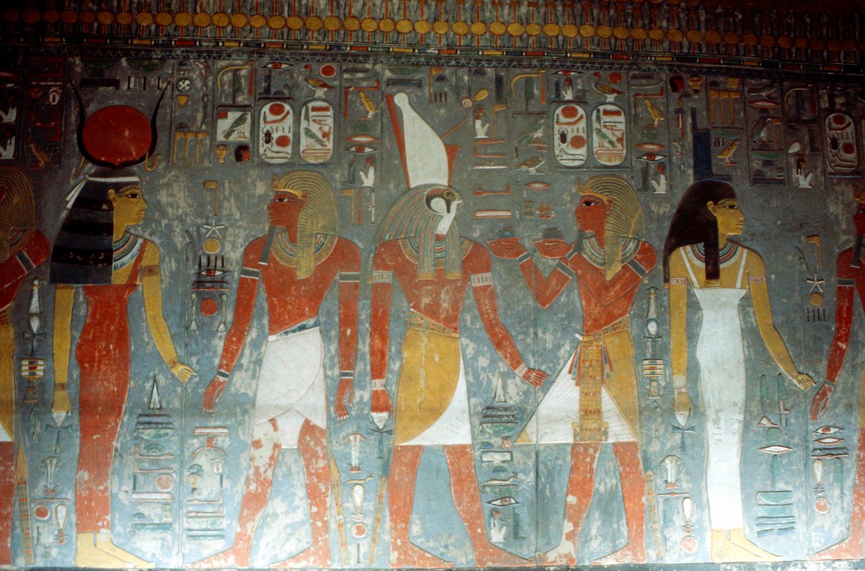 Farao Horemheb med gudinnen Isis og guden Horus, gammel egyptisk, 1300-tallet f.Kr. av Unbekannt