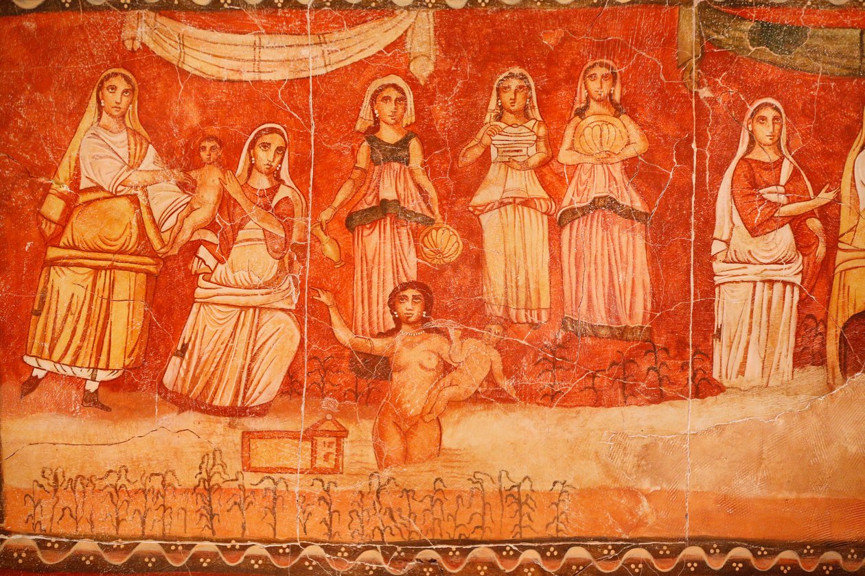 Farao og Moses' barndom, freske fra synagogen i Doura (Dura) Europos, 244-245, og oppbevart på Nasjonalmuseet i Damaskus. Bilde tatt på det jødiske museet i New York under en utstilling. av Unbekannt