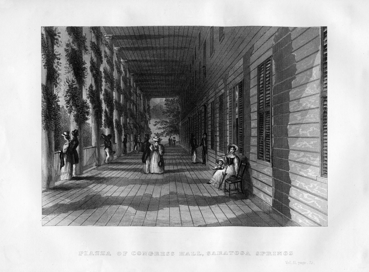 Piazza of Congress Hall, Saratoga Springs, New York State, 1855 av Unbekannt