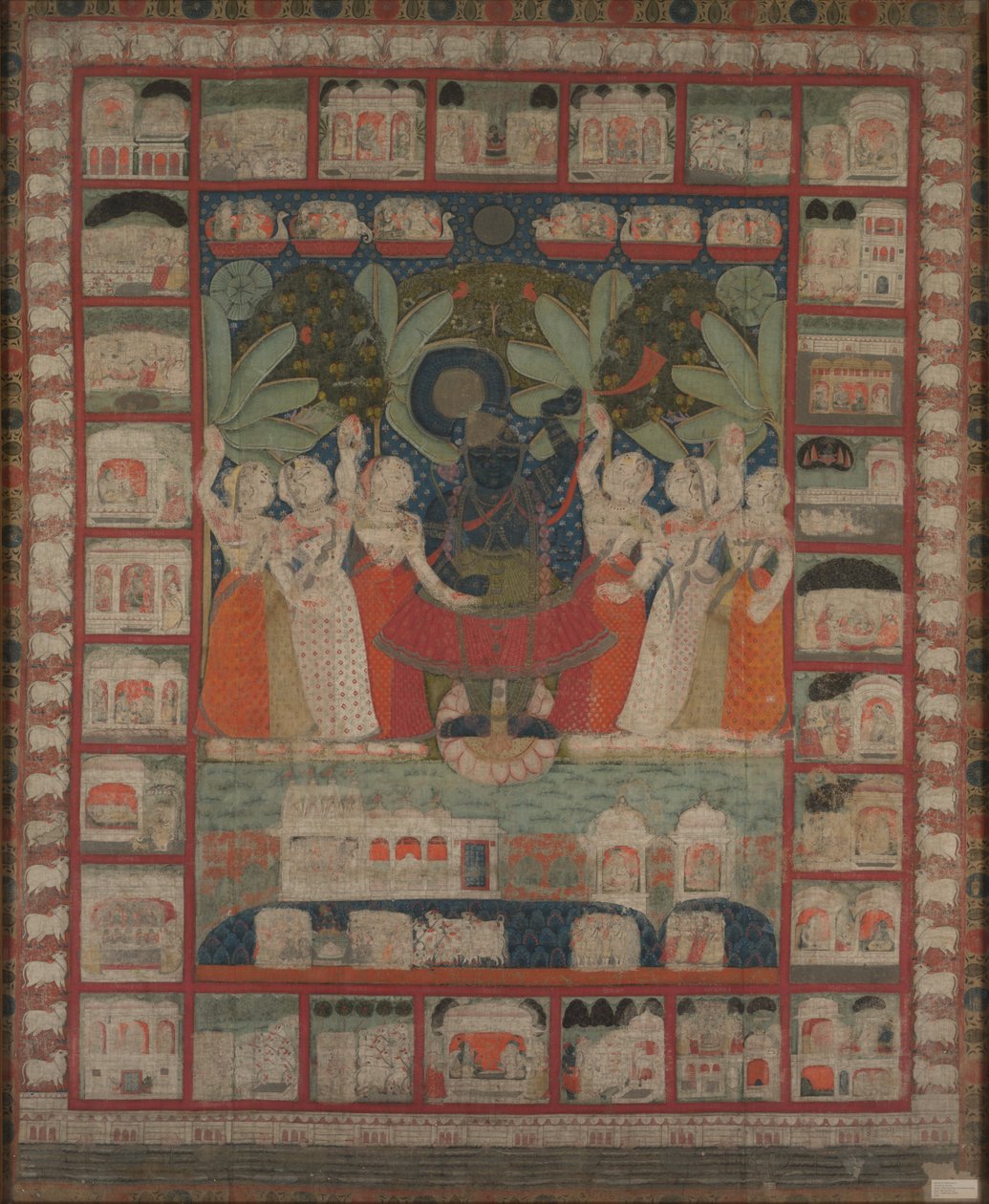 Pichvai veggheng med tilbedelsen av Shri Nathaji, 1825-1850. av Unbekannt
