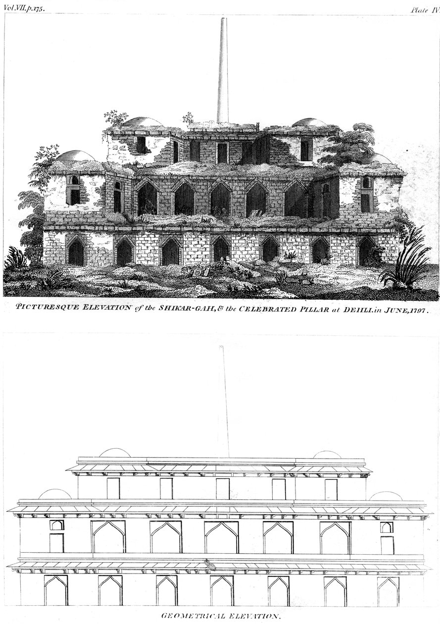 Pittoresk høyde av Shikar Gah og den berømte søylen i Delhi, juni 1797 1799 av Unbekannt