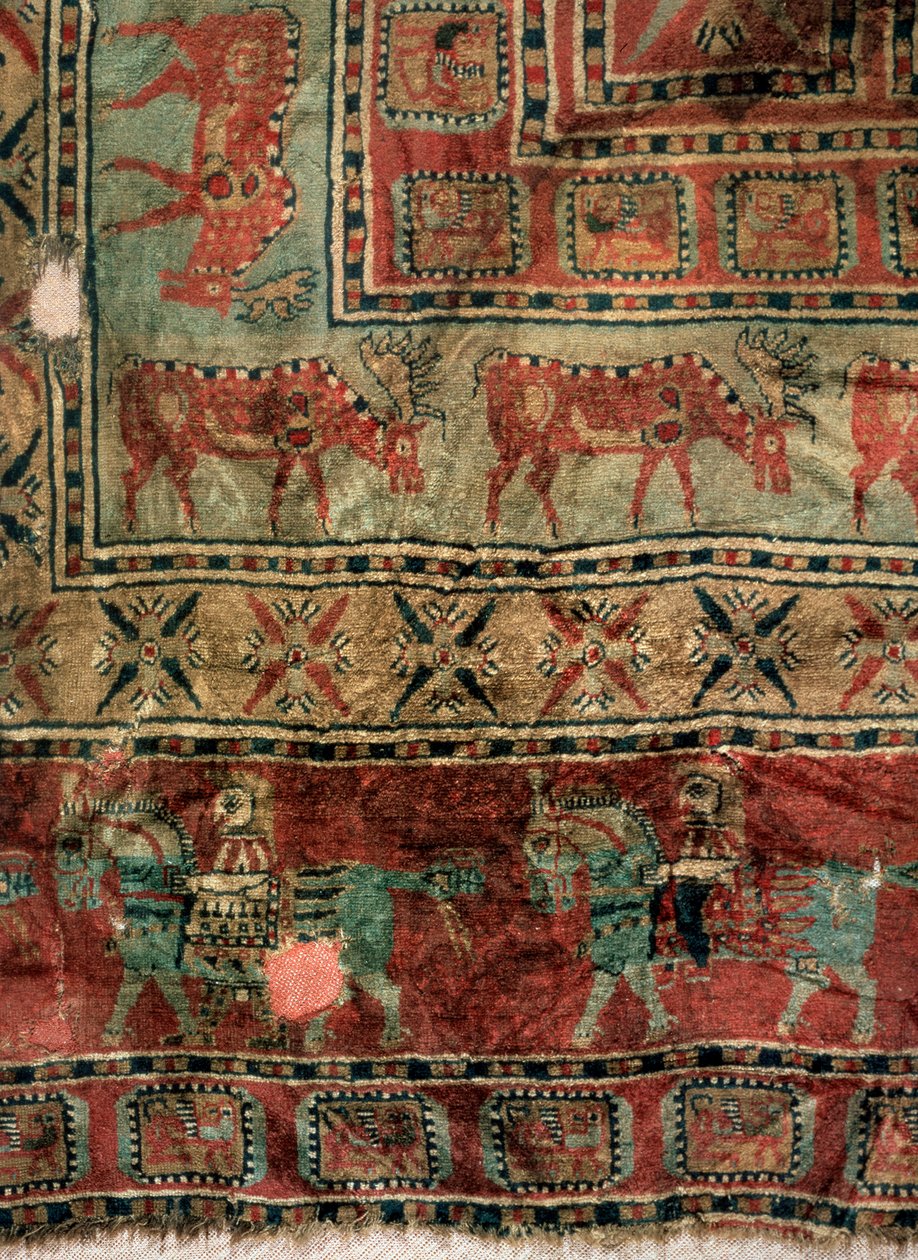 Pile Carpet Detail: Dådyr og ryttere, 5.-4. århundre f.Kr av Unbekannt