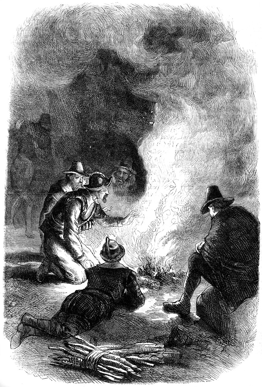 Pilgrimsfedre rundt en vaktbål, c1620 c1880 av Unbekannt