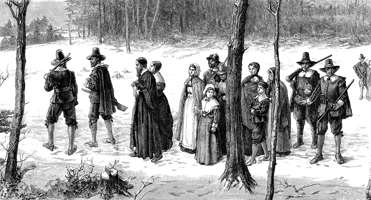 Pilegrimsfedre på vei til kirken, 1620 av Unbekannt