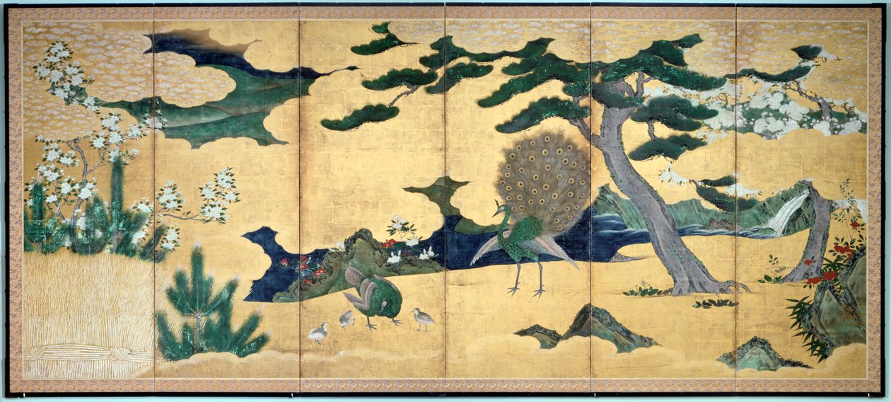 Pines and Peacocks, japansk Edo-periode, tidlig på 1600-tallet av Unbekannt