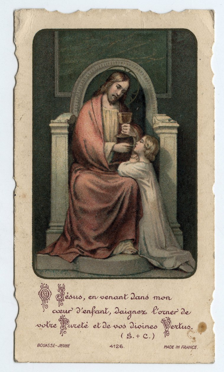 Fromt bilde: Jesus gir verten til et lite barn - Bilde gitt til en første nattverd i 1931 av Unbekannt