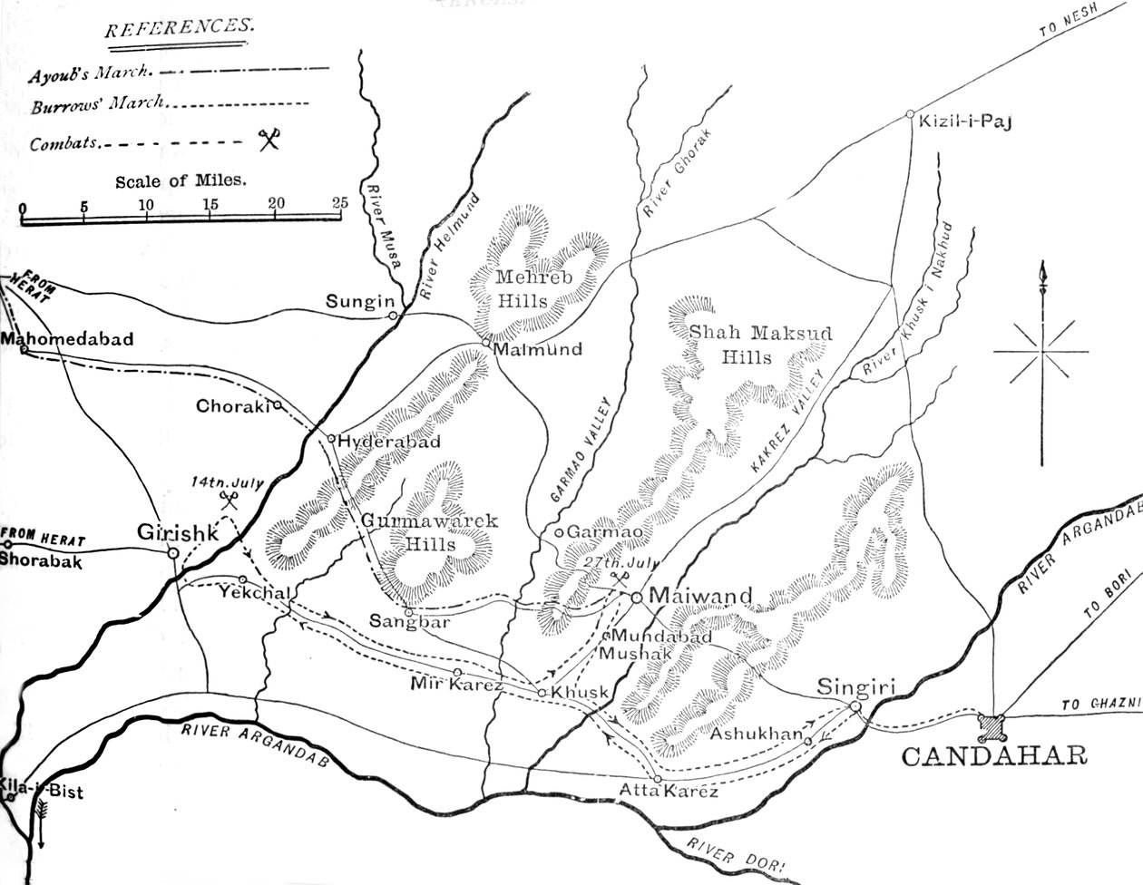 Plan for General Burrows mars til Helmund 4.-29. juli 1880, c1880 av Unbekannt