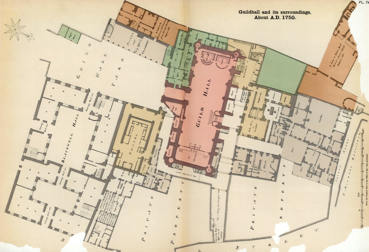 Plan over Guildhall og dens omgivelser, City of London, c1750 1886 av Unbekannt