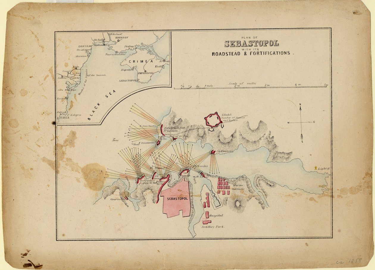 Plan over Sevastopol med sin vei og festningsverk, ca. 1858 av Unbekannt