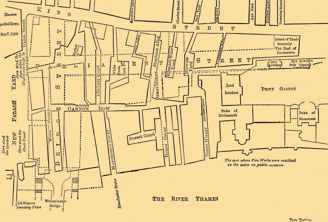 Plan for en del av Westminster mellom 1734 og 1748 - før oppførelsen av Parliament Street, av Unbekannt