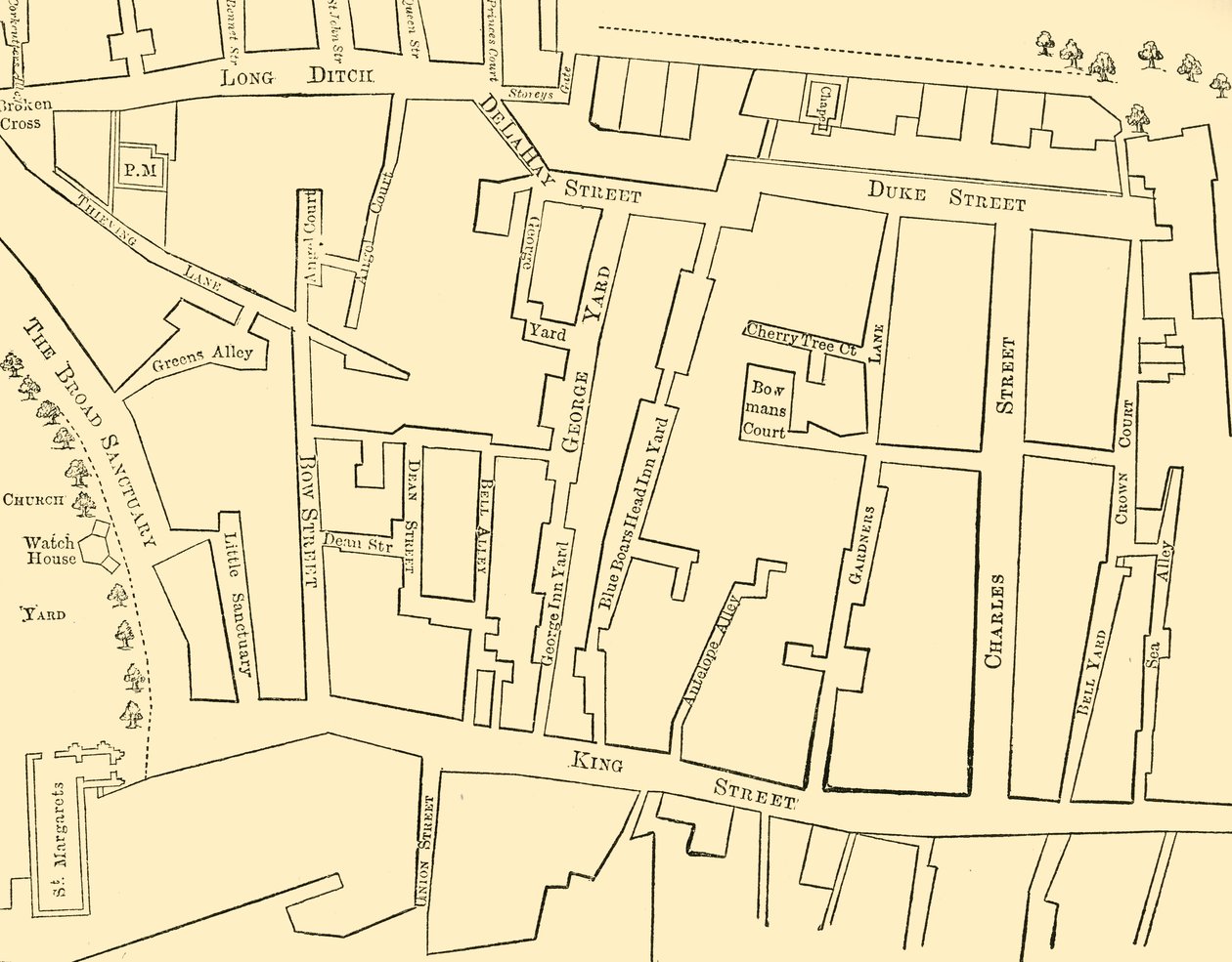 Plan for en del av Westminster mellom 1734 og 1748 - før oppføringen av Great George Street av Unbekannt