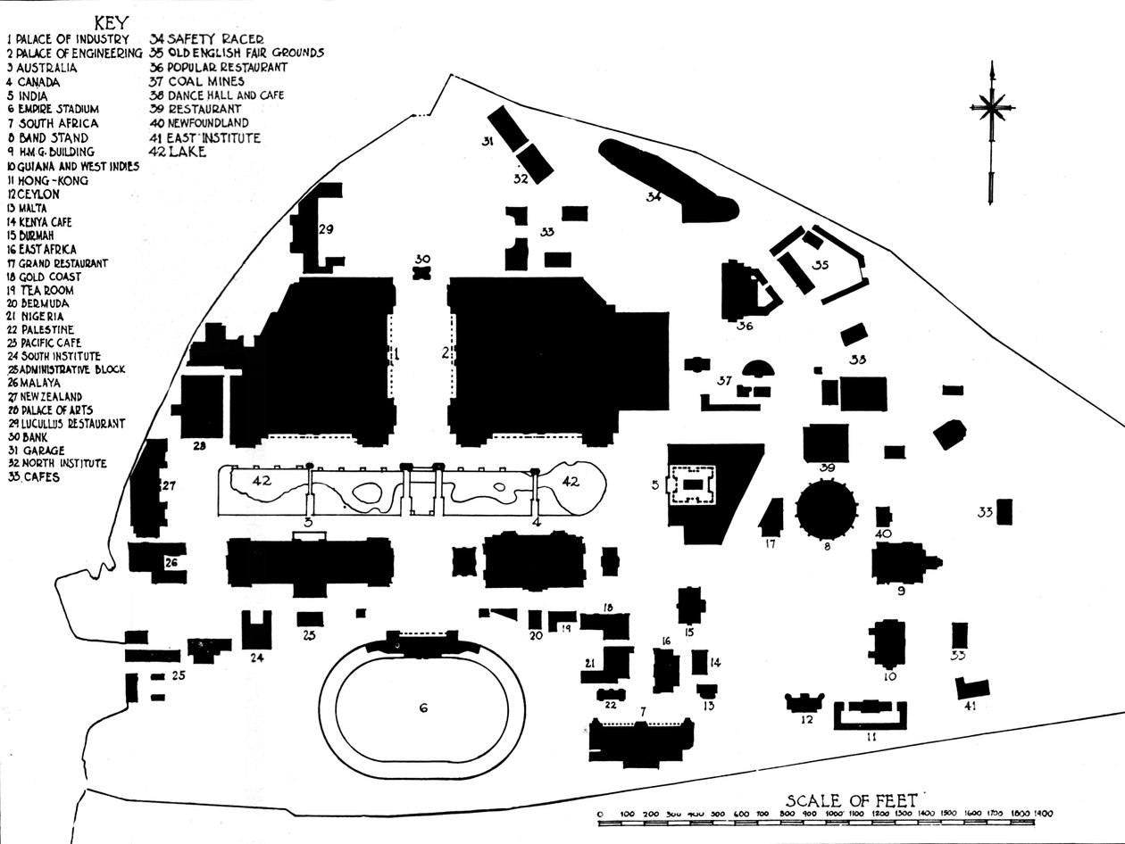 Plan for British Empire Exhibition, Wembley, som viser disposisjon av hovedbygninger, 1924 av Unbekannt
