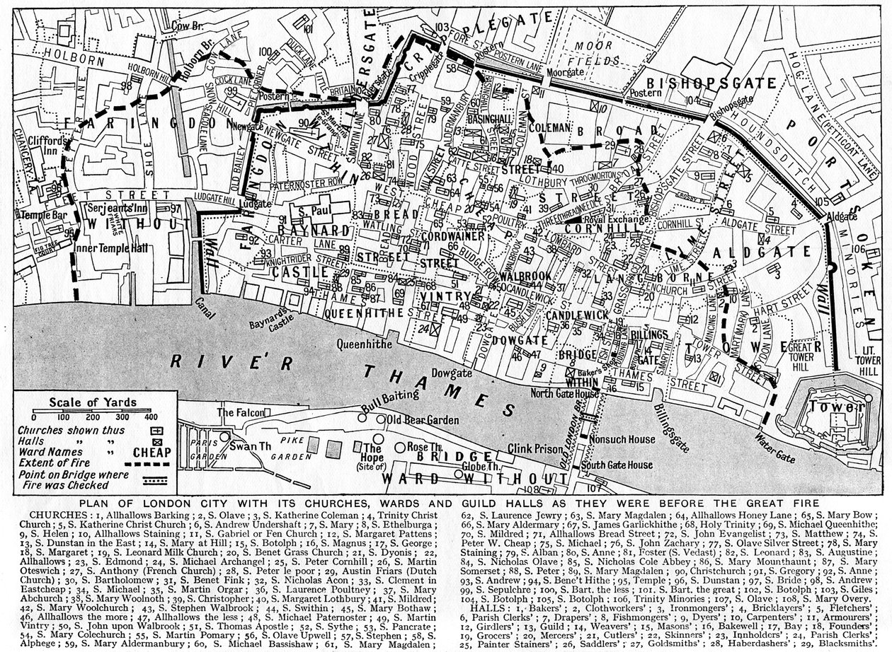 Plan for City of London som viser kirker, avdelinger og laughaller, 1926-1927 av Unbekannt