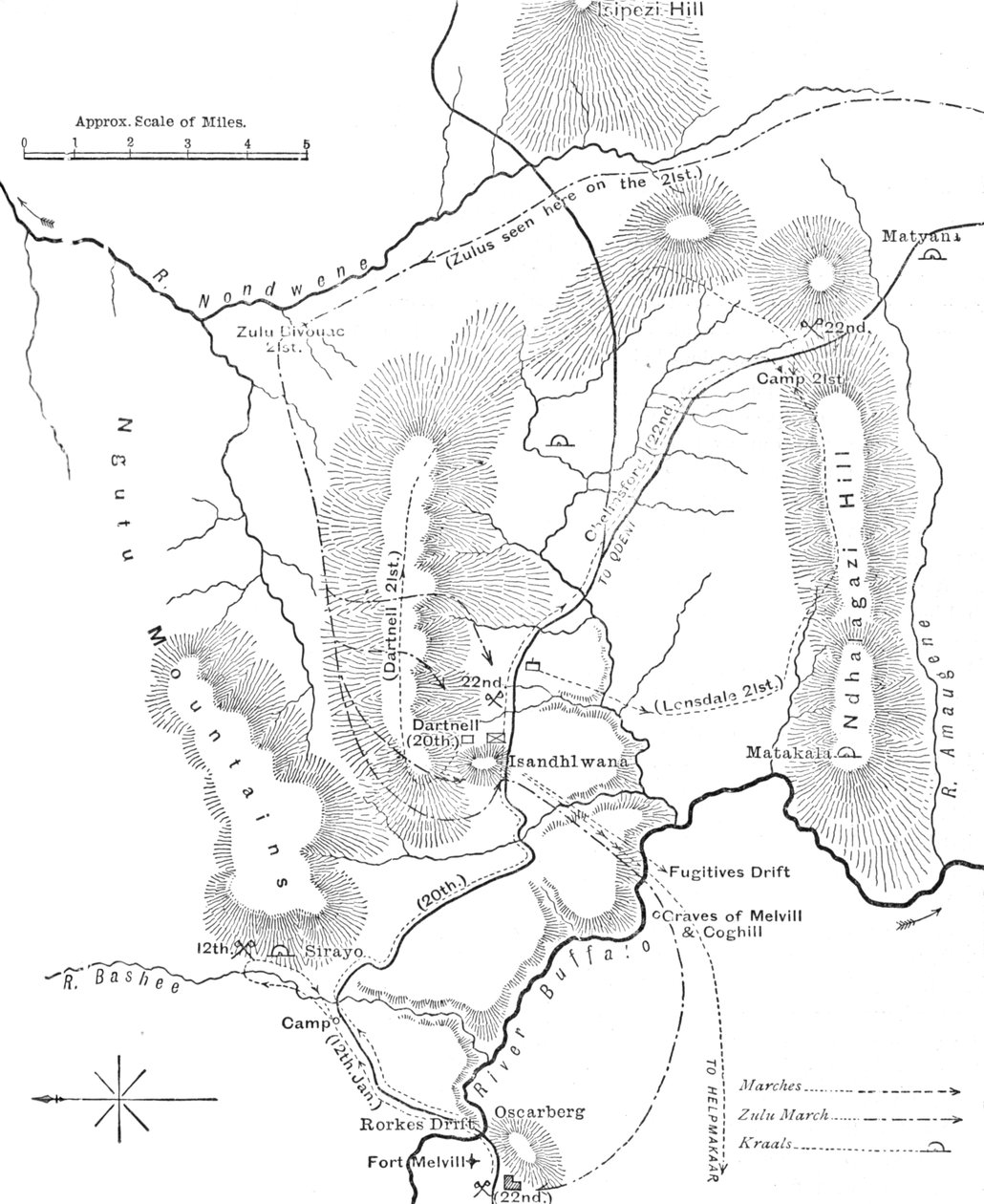 Plan for Marches nær Isandhlwana mellom 12. og 22. januar 1879, c1880 av Unbekannt