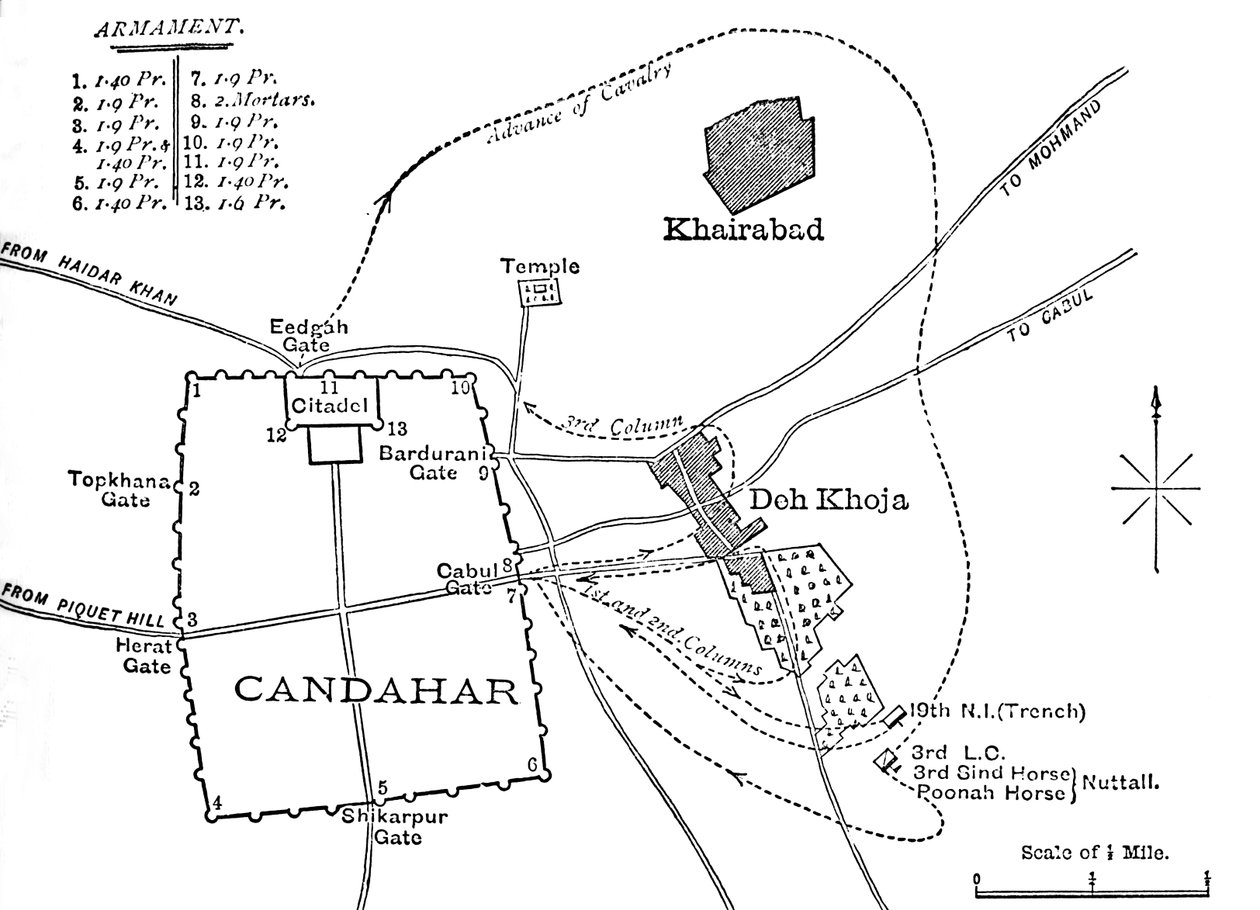 Plan of the Sortie fra Candahar, 16. august 1880, c1880 av Unbekannt