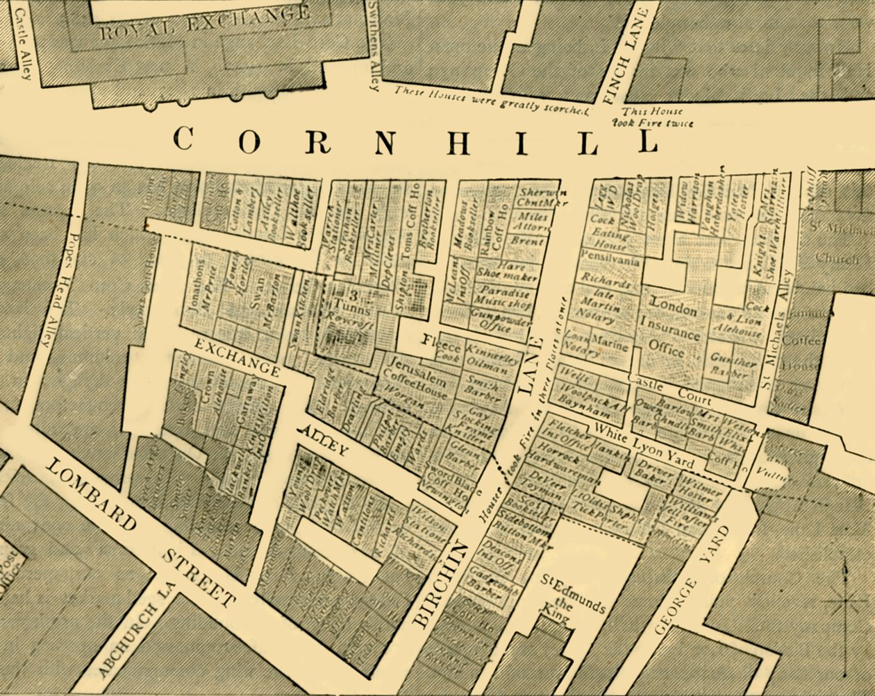 Plan som viser omfanget av den store brannen i Cornhill i 1748, c1872. av Unbekannt