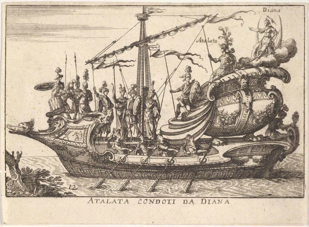 Plate 12: Atalanta ledet av Diana Atalanta condotti da Diana, akkompagnert av krigere bearin..., 1664. av Unbekannt