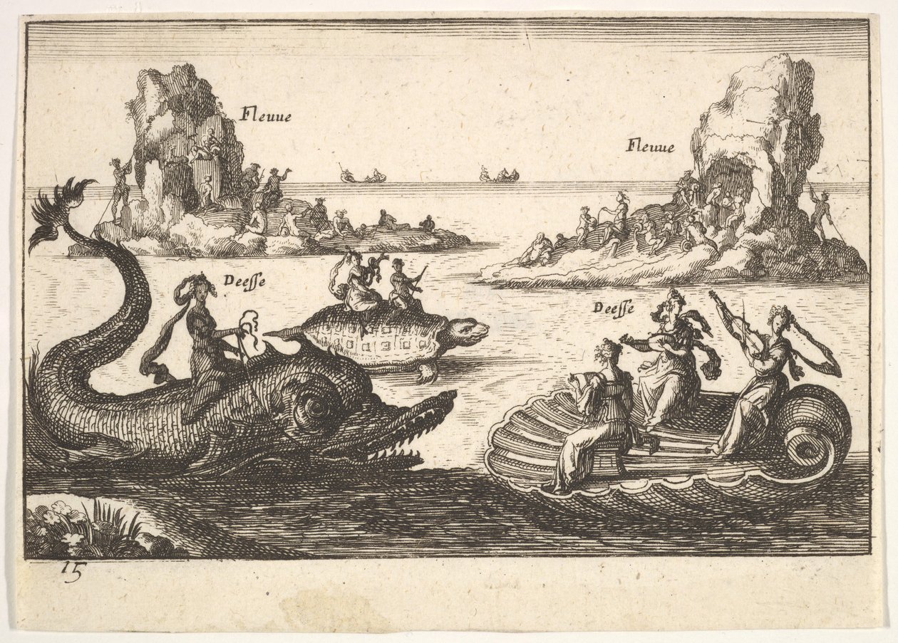 Plate 15: Elver og gudinner, med flytende øyer ledet av stolpebærere, kvinnelig figur..., 1664. av Unbekannt