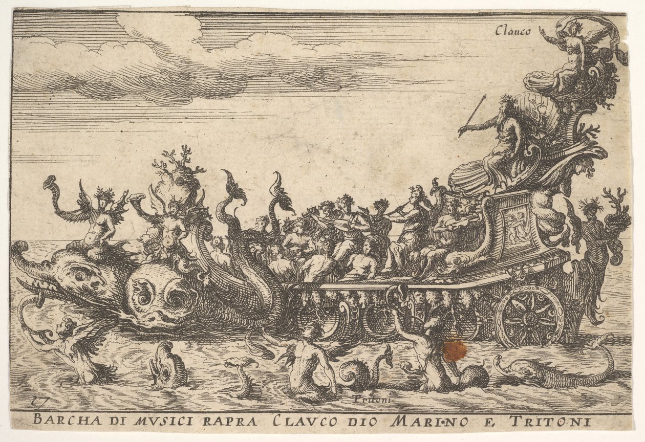 Plate 16: Skip av musikere med havguden Claucus og tritons Barcha di musici rapra C..., 1664. av Unbekannt