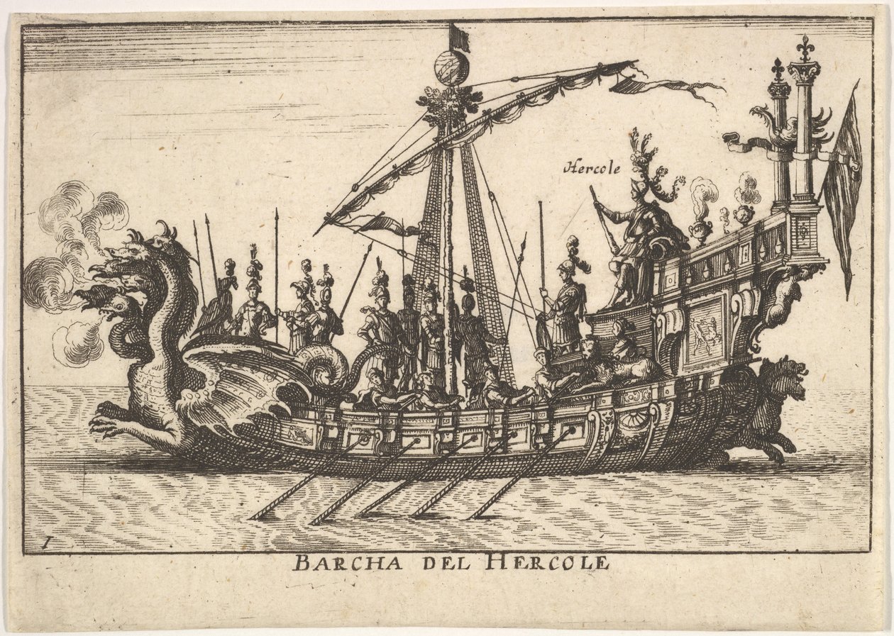 Plate 1: Skipet til Hercules Barcha del Hercole, med dragehode og Hercules på pl..., 1664. av Unbekannt