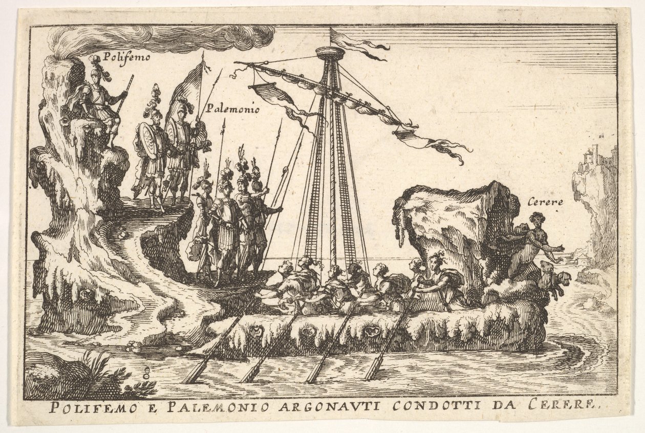 Plate 8: Polyphemus og Palemonius ledet av Ceres Polifemo og Palemonio Argonauti dirigert d ..., 1664. av Unbekannt