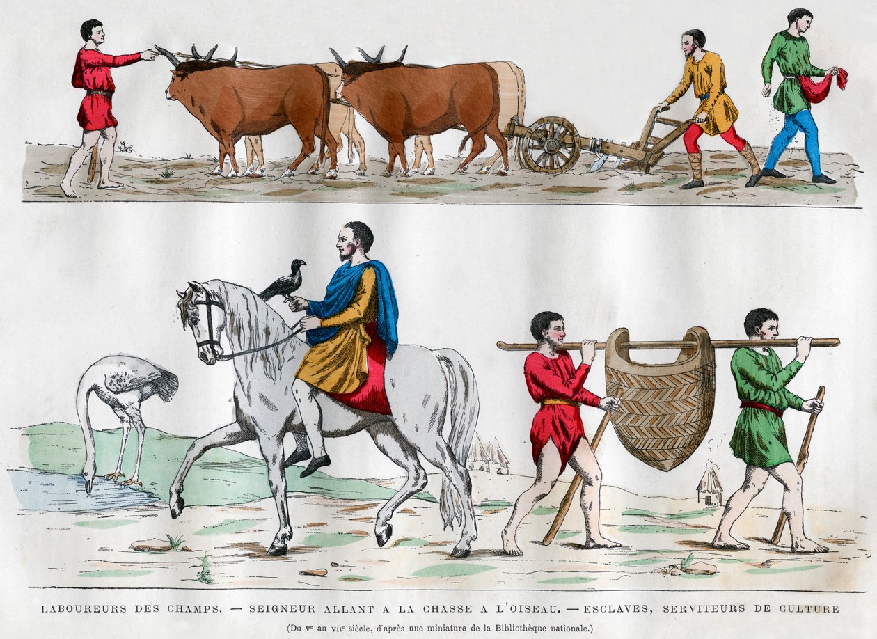 Pløying, en herre på jakt med en fugl, en slave og to tjenere, 500-700-tallet 1882-1884 av Unbekannt