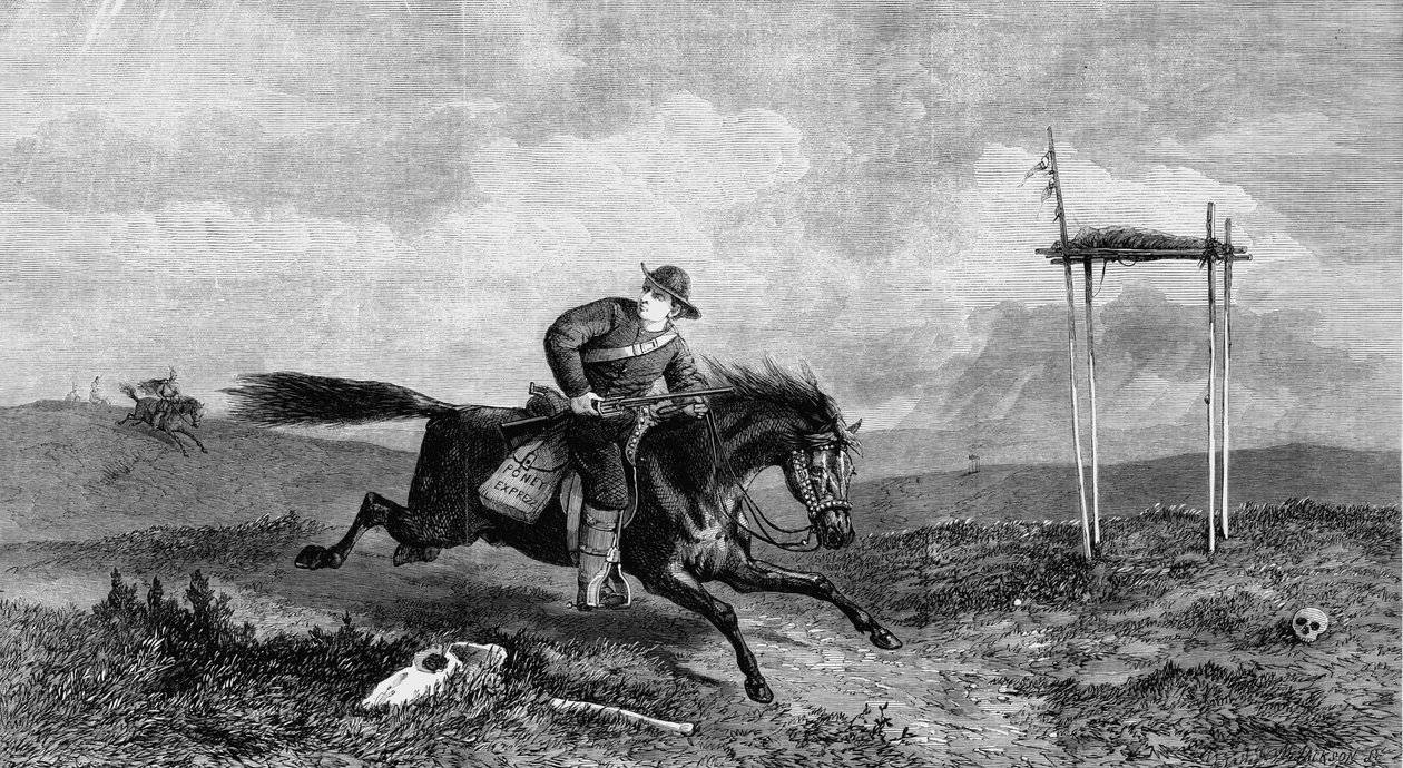 Pony Express-rytter som krysser fiendtlig land forfulgt av indianere, 1861 av Unbekannt