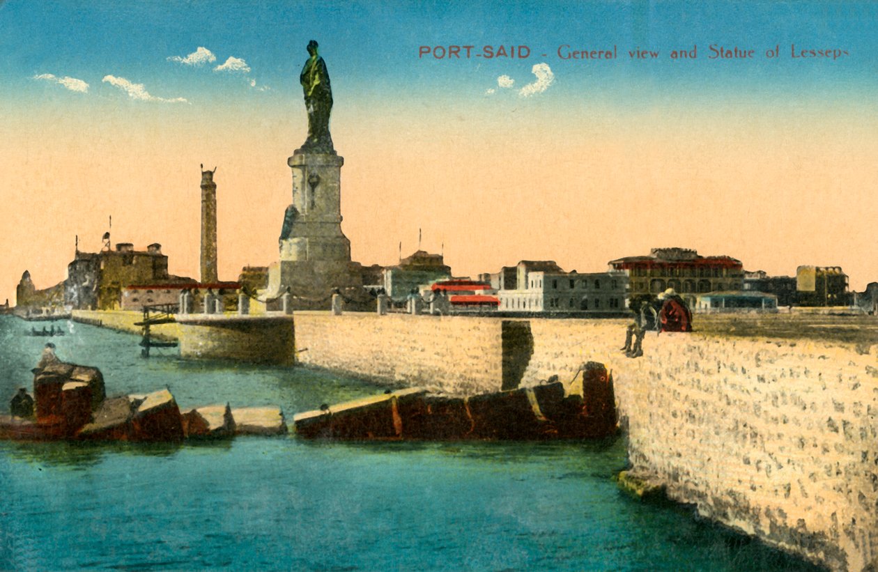 Port-Said - Generell utsikt og statue av Lesseps, c1918-c1939. av Unbekannt
