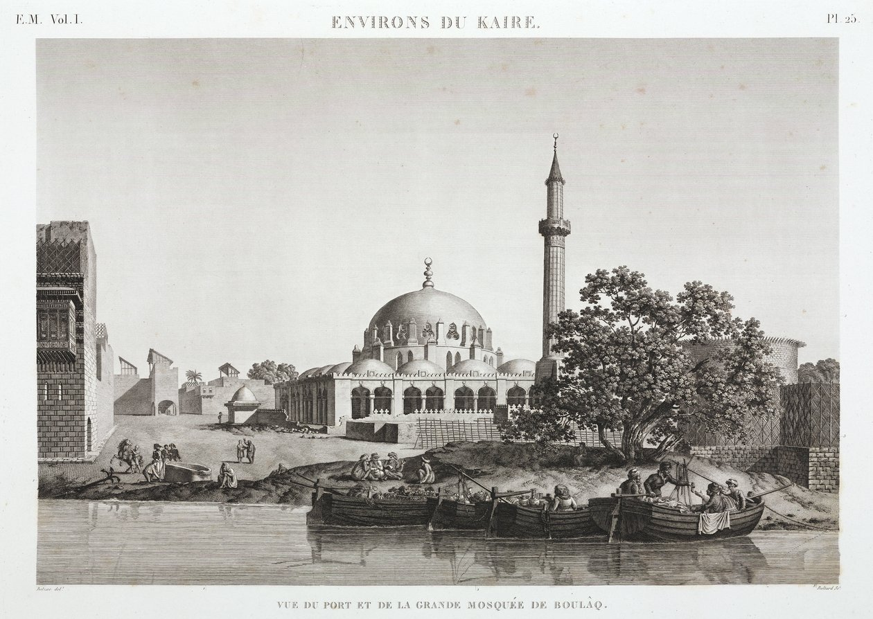 Havnen og den store moskeen i Boulaq, Kairo, Egypt, ca 1798 av Unbekannt