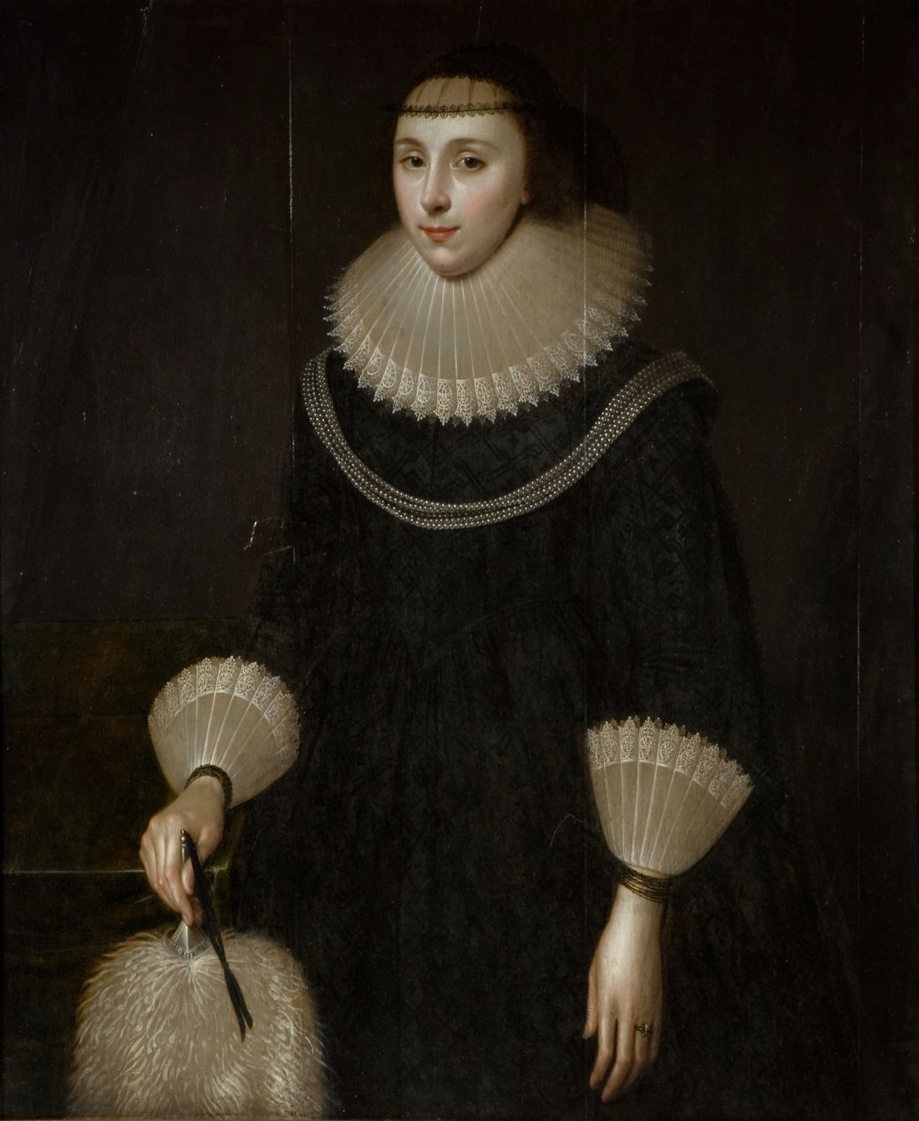 Portrett av en dame med vifte, 1600-1650. av Unbekannt