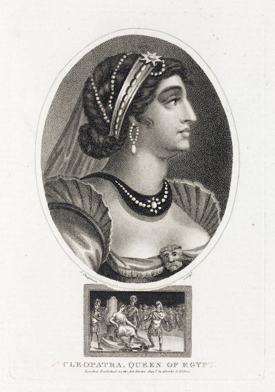 Portrett av Cleopatra (Thea Philopator, 69-30 f.Kr.), med en scene som beskriver hennes tiltredelse til Egypts trone, omgitt av romerske legionærer av Unbekannt