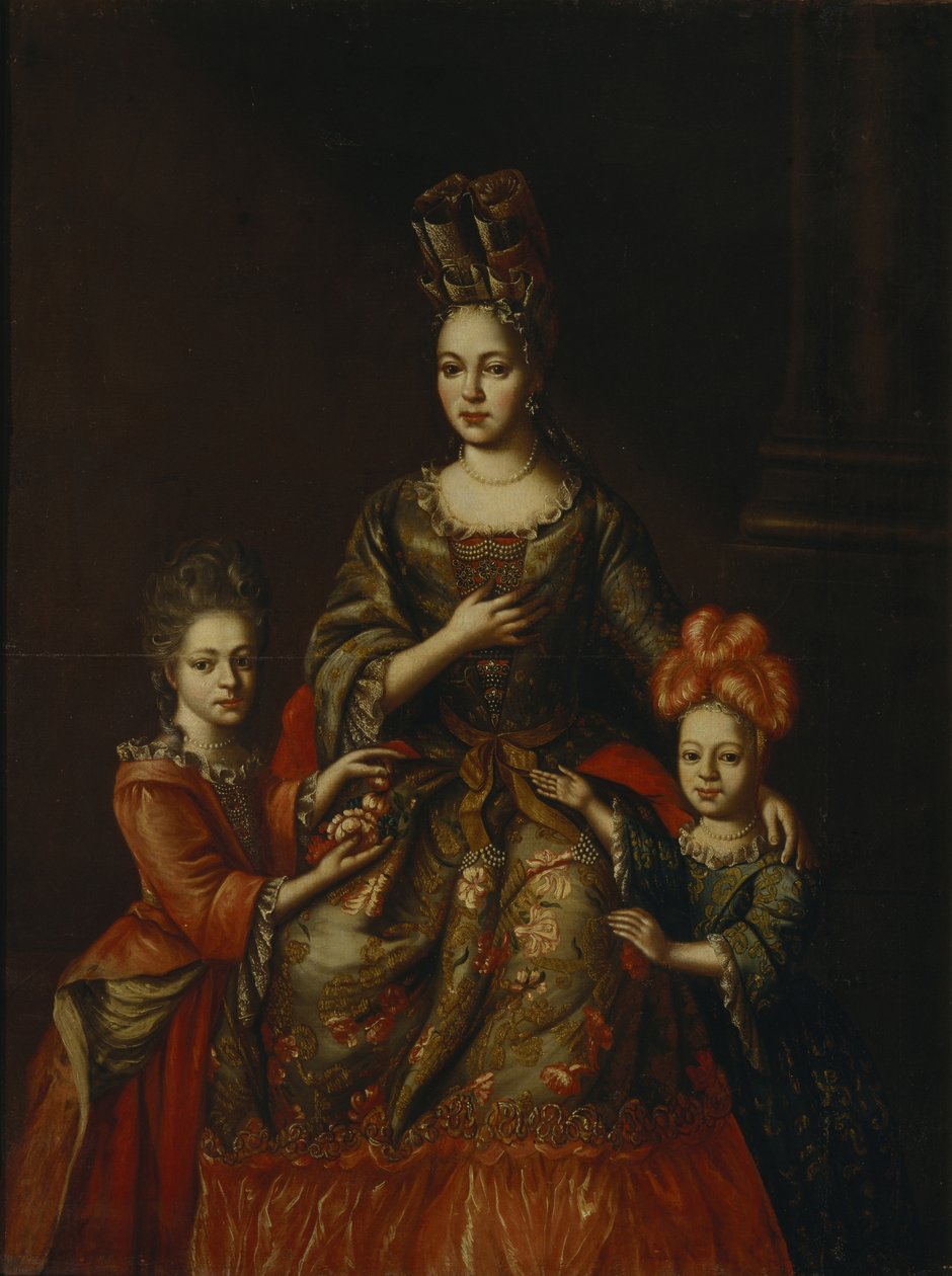 Portrett av Anastasiya Yakovlevna Naryshkina med barn Alexandra Kirillovna og Tatyana Kirillovna, tidlig på 1700-tallet. av Unbekannt