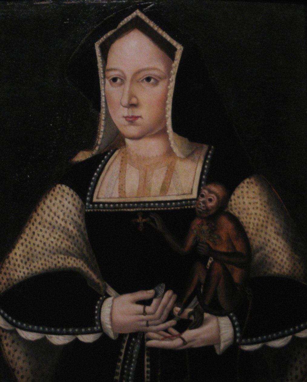 Portrett av Katarina av Aragon, med kjæledyrapen, kopi etter Lucas Horenbout, ca 1530 av Unbekannt