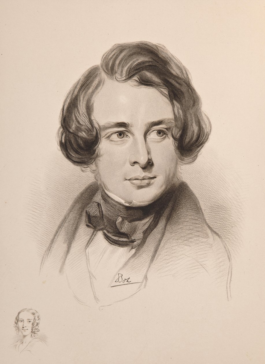 Portrett av Charles Dickens. Skisse av Dickens' søster Fanny, nederst til venstre, 1842. av Unbekannt
