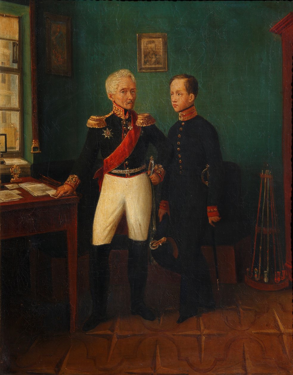 Portrett av general Fyodor Grigoryevich Friedrich August Goldgeuer 1771-1848 med sønn Mikhail, ca. av Unbekannt