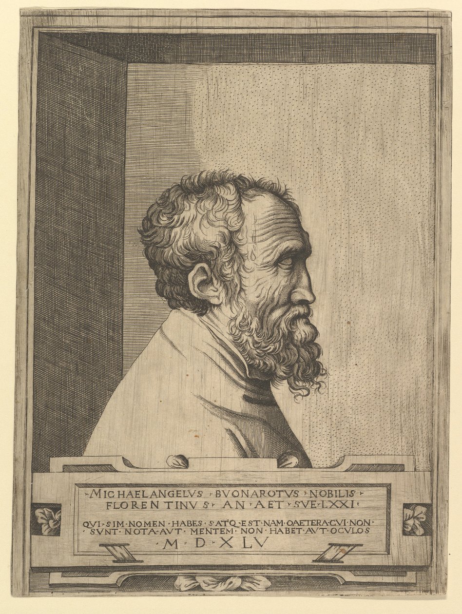 Portrett av Michelangelo i profil vendt mot høyre satt i en fordypning, 1545. av Unbekannt