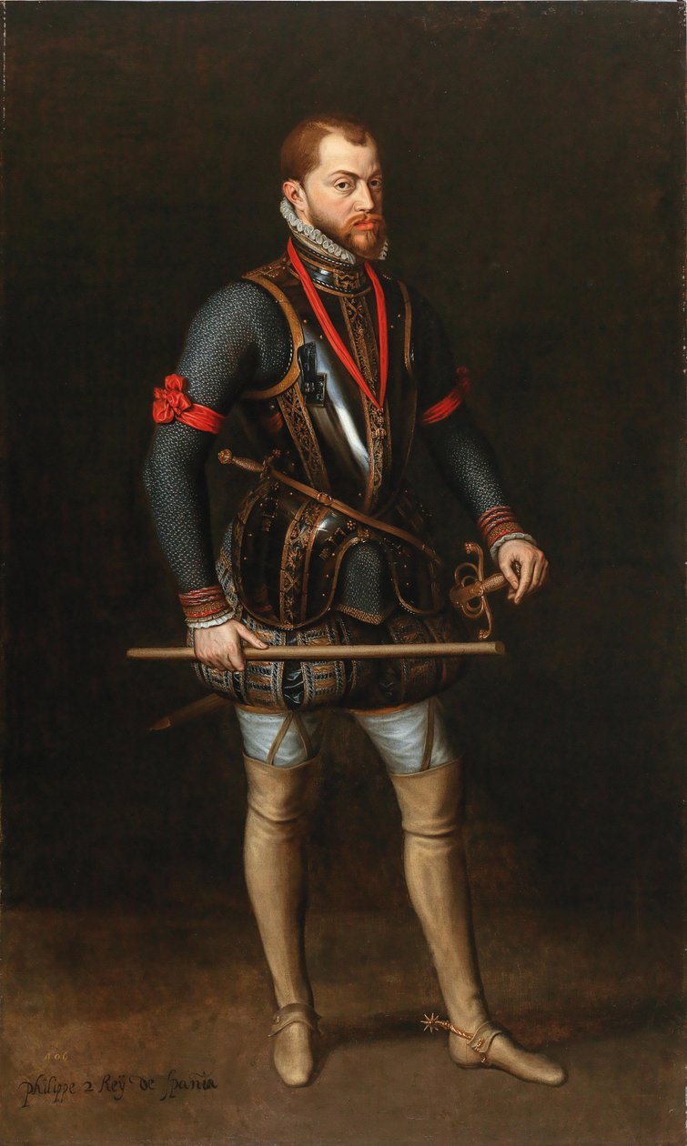Portrett av Filip II 1527-1598, konge av Spania, i rustning og med Det gyldne skinn. av Unbekannt