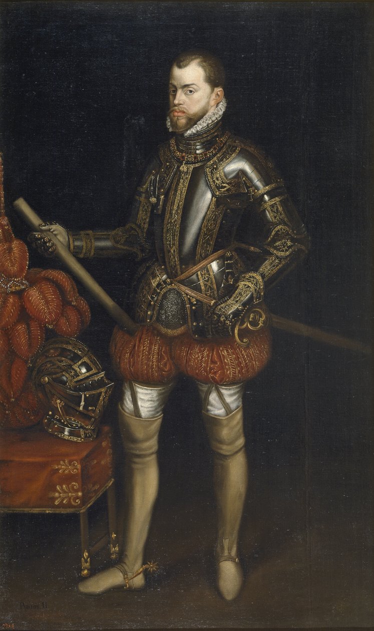 Portrett av Philip II 1527-1598 i rustning fra slaget ved Saint Quentin, tidlig på 1600-tallet av Unbekannt