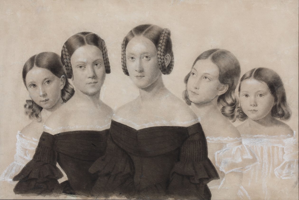 Portrett av søstrene Yelisaveta, Maria, Praskovya, Alexandra og Anna Dyakov, slutten av 1830-årene av Unbekannt