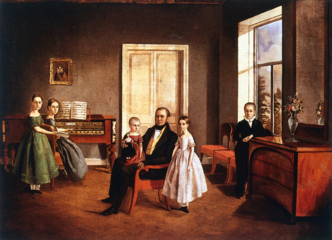 Portrett av en familie i et interiør, russisk, c1840 av Unbekannt