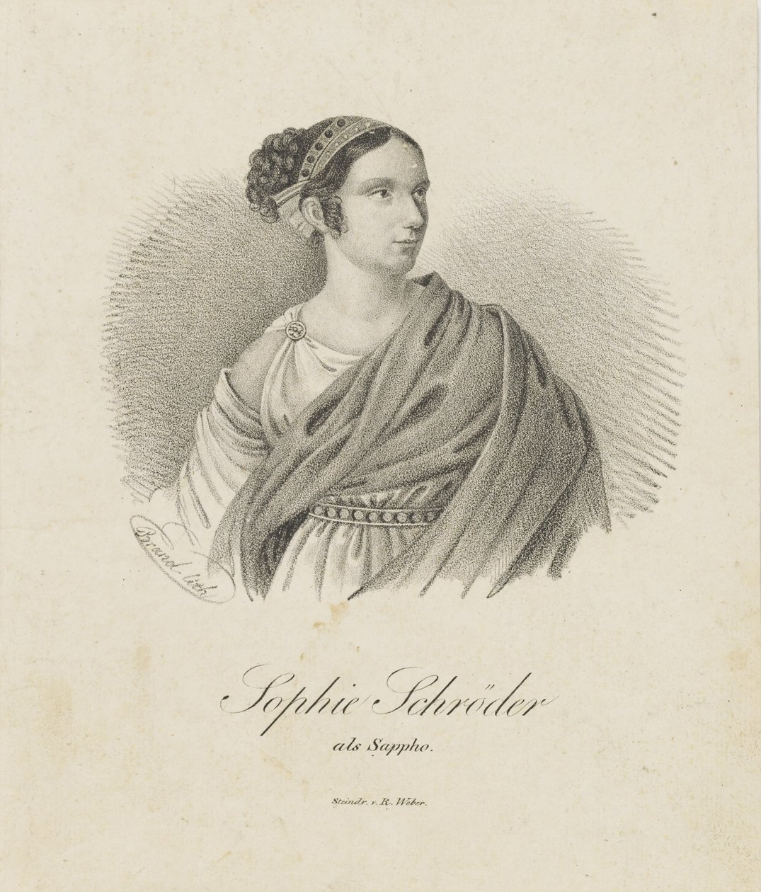 Portrett av sangeren og skuespillerinnen Sophie Schröder 1781-1868 som Sappho, 1833. av Unbekannt
