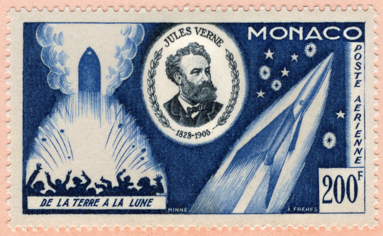 Frimerke utstedt i Monaco 07.06.1955 for å feire femtiårsjubileet for forfatteren Jules Vernes død (trykk) av Unbekannt