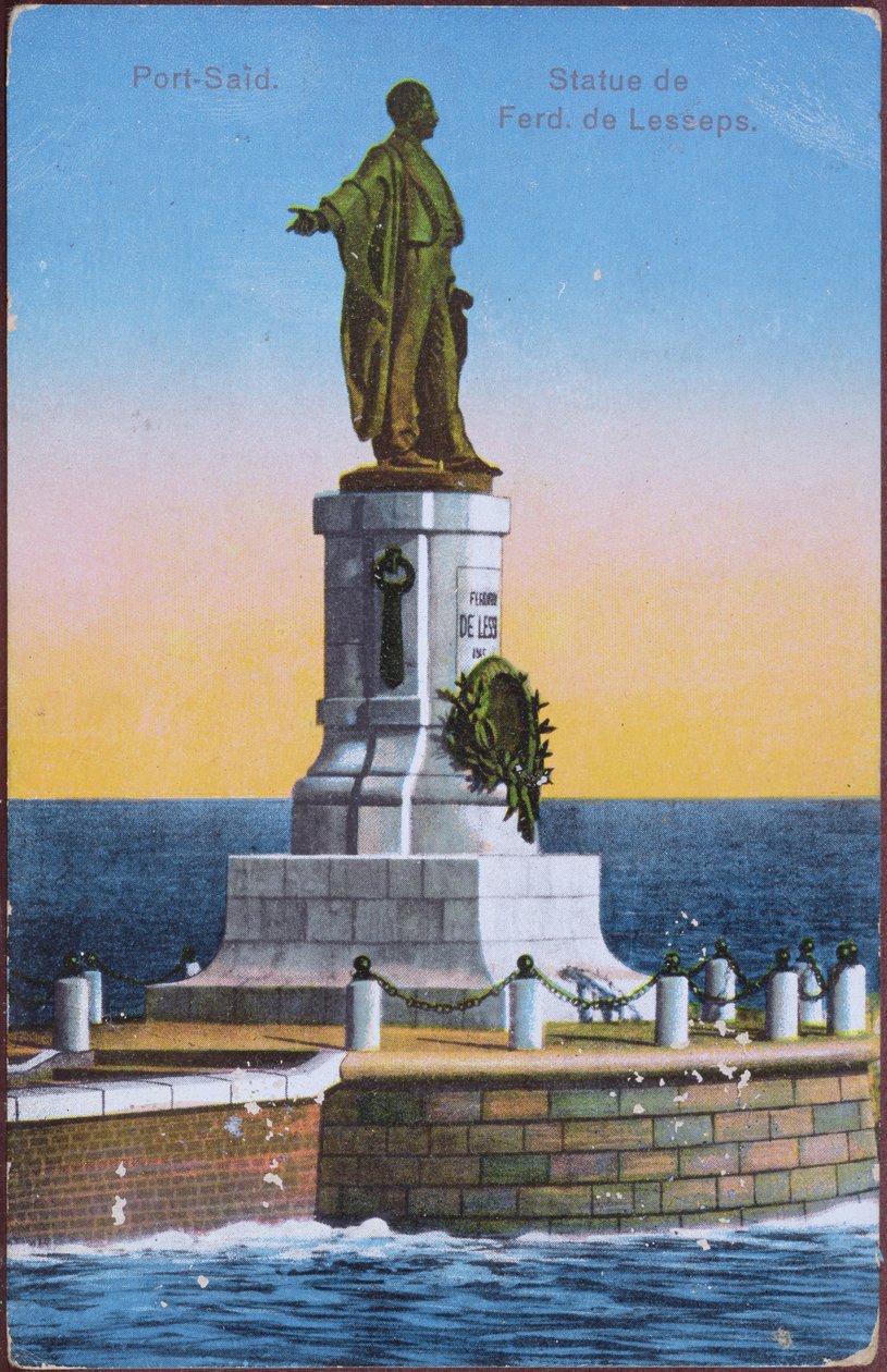 Postkort som viser statuen av Ferdinand de Lesseps ved Port Said havn, tidlig på det tjuende århundre (farge litho) (etter et bilde) av Unbekannt