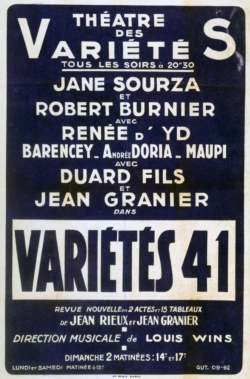 Plakatreklame Variétés 41 varieté, Frankrike, 1941 av Unbekannt