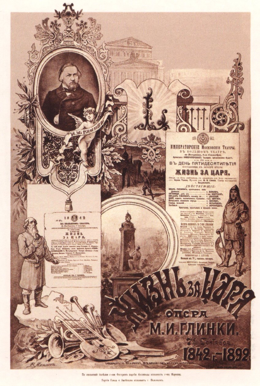 Plakat for operaen Et liv for tsaren av M. Glinka, 1892 av Unbekannt