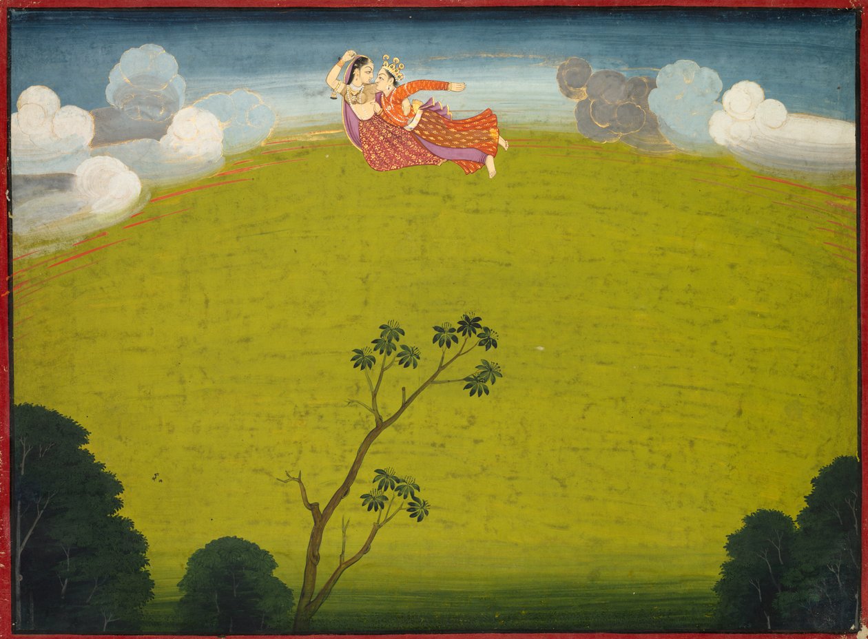 Dwarka med Pradyumna og Mayawati fly, fra Large Basohli Bhagavata Purana, ca. 10-6. av Unbekannt